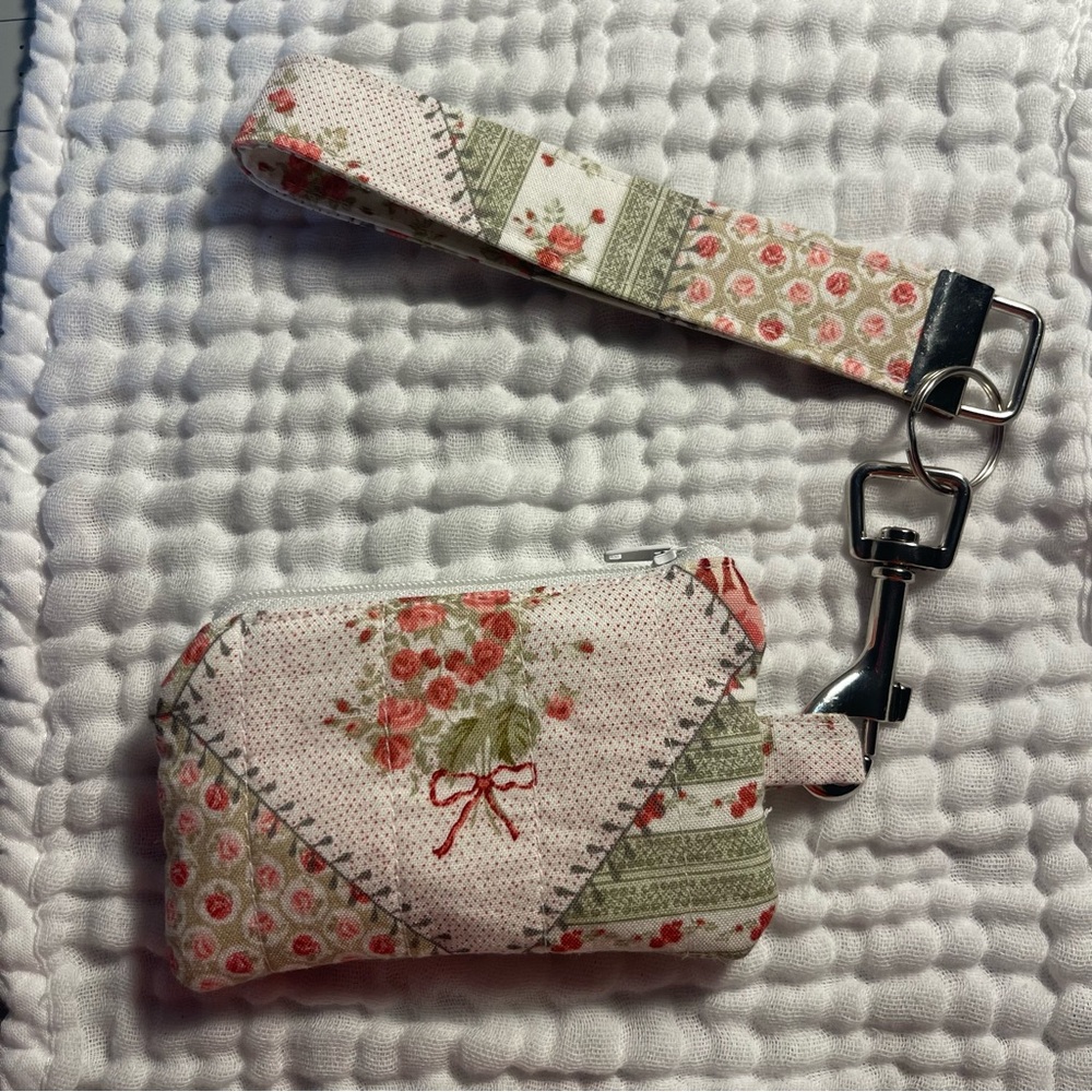 Handmade Hand Sewn Floral Patchwork Key Chain Wristlet Coin Pouch